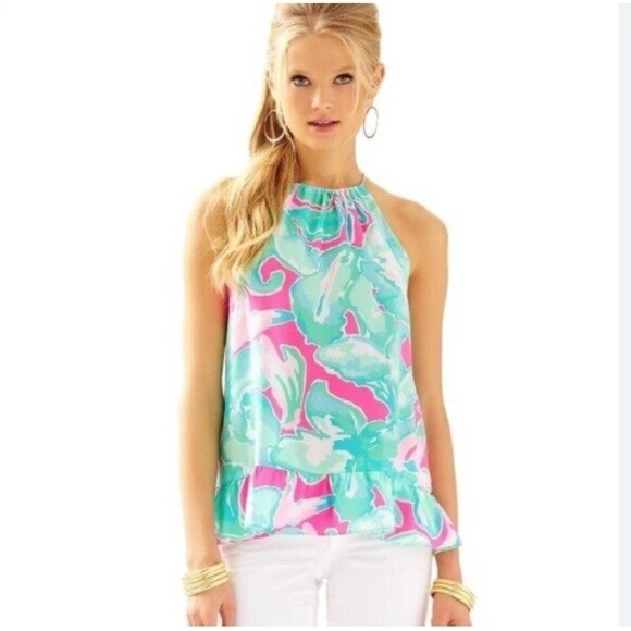 Lilly Pulitzer Millie Silk Halter Top in Pink Sands Print - Picture 1 of 5